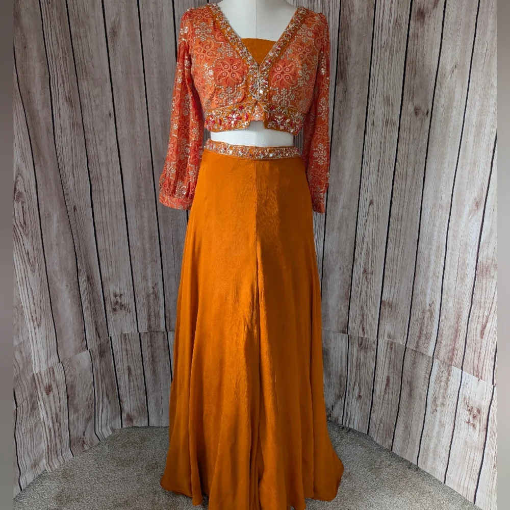 Orange Long Sleeves Crop Top, Palazzo and dupatta Set for Wedding Events - Picture 7 of 16